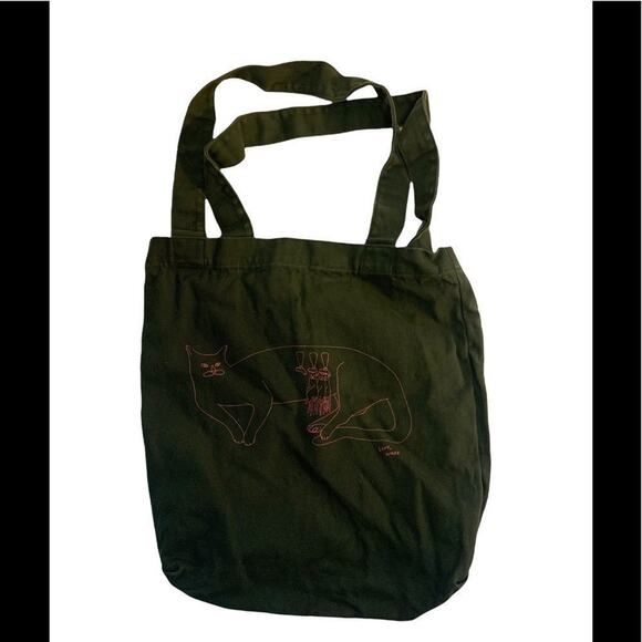 Beer and cat weird funny olive green tote. In EUC - Picture 1 of 6